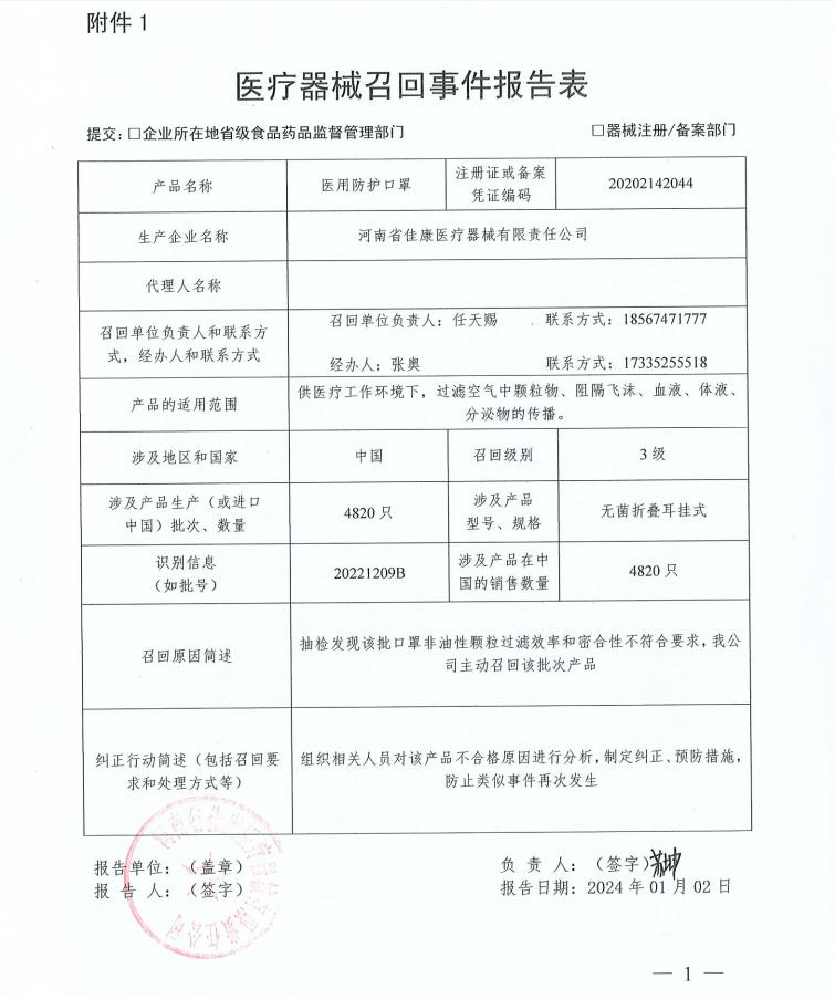 河南省佳康醫療器械有限責任公司對醫用防護口罩主動召回 河南省佳康醫療器械有限責任公司對醫用防護口罩主動召回